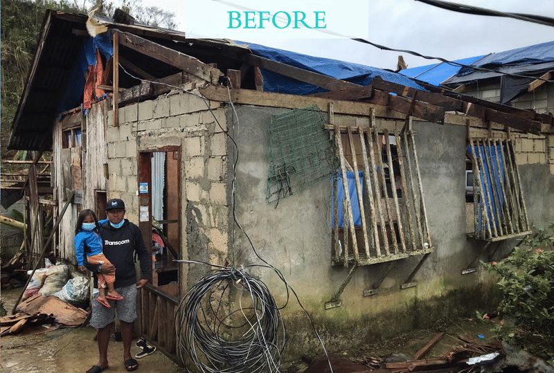 A man holds a child in front of a damaged concrete house with a blue tarp roof and broken windows, labeled BEFORE, ahead of a Siargao home rebuild