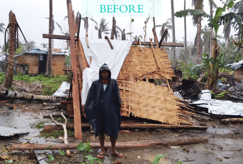 A person in a rain poncho stands amid collapsed woven bamboo walls and storm debris, labeled BEFORE, ahead of a Siargao home rebuild
