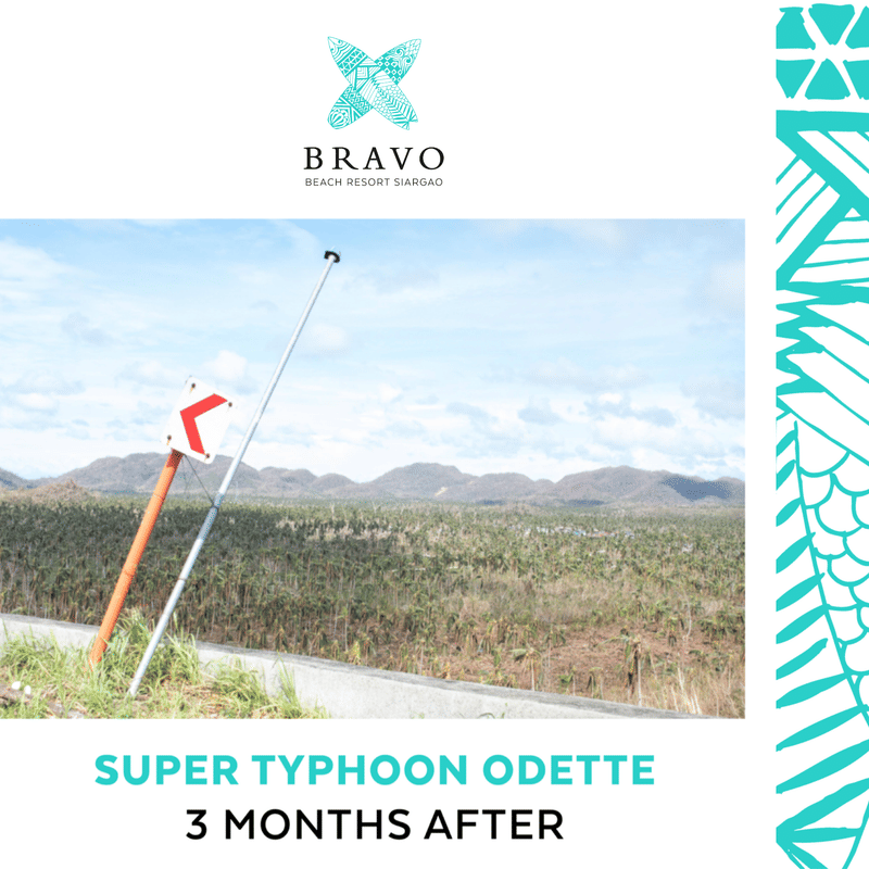 Bravo Beach Resort Siargao report cover showing a leaning road sign and storm-stripped hillside, captioned Super Typhoon Odette 3 Months After