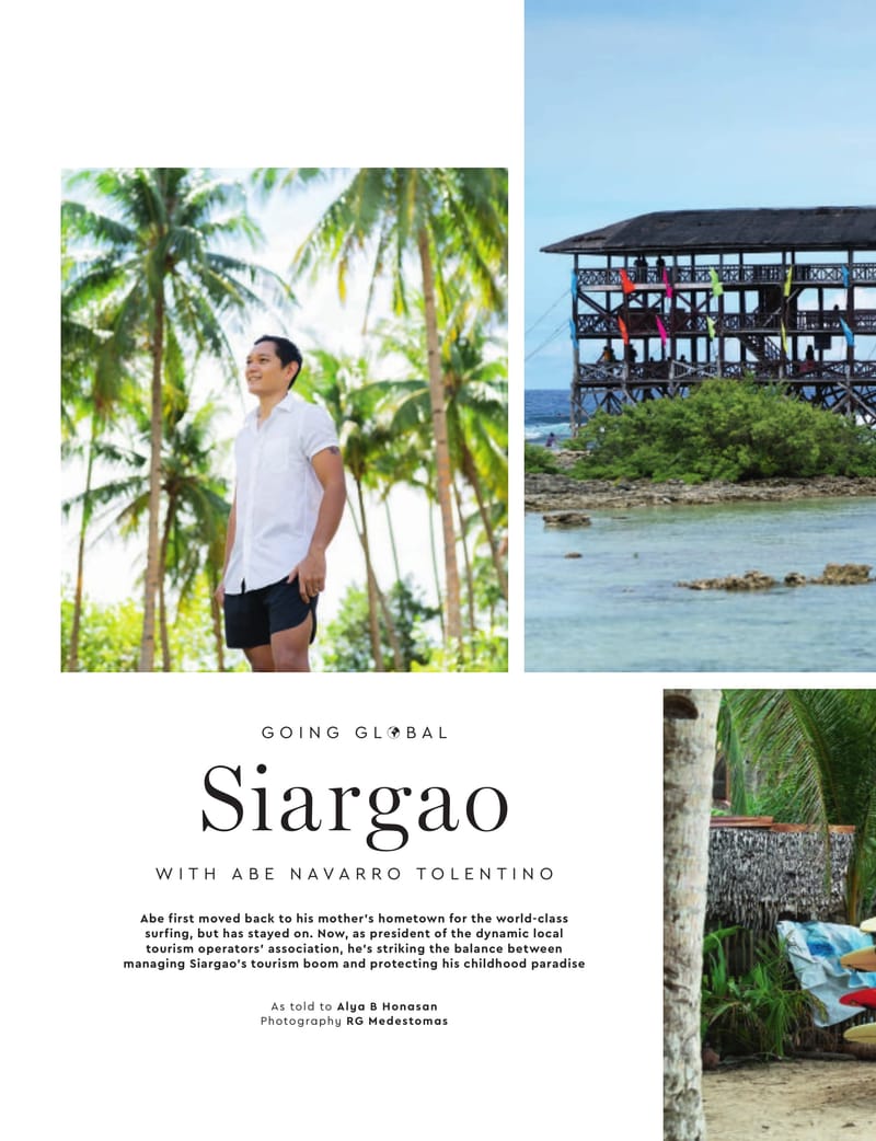 Magazine spread titled Going Global Siargao, featuring a man among palm trees, a wooden lookout tower over a lagoon, and a beach cabana with surfboards