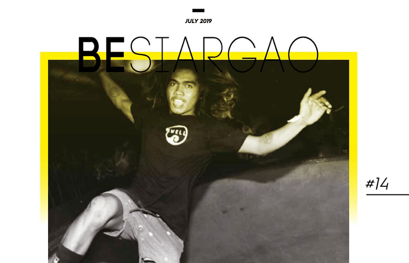 Front cover of Be Siargao magazine, July 2019 issue number 14, featuring a black and white action photo of a skateboarder mid-trick