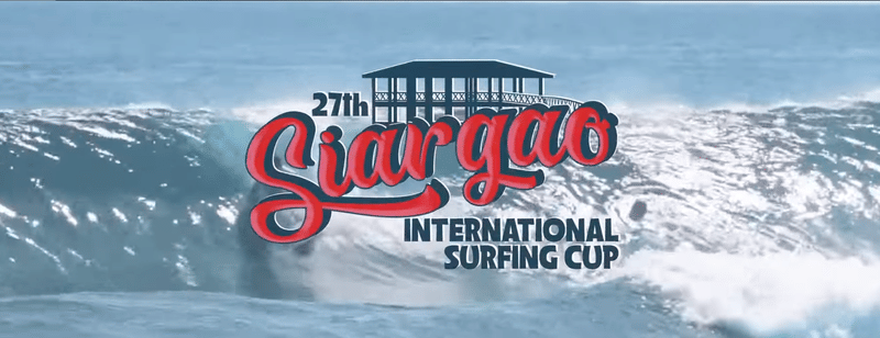 Promotional graphic for the 27th Siargao International Surfing Cup, showing a surfer riding a large breaking wave beside a pier icon