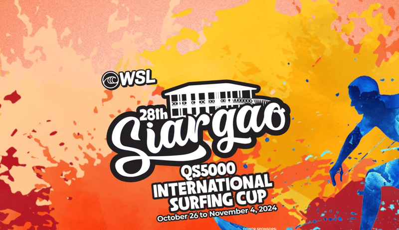Promotional poster for the WSL 28th Siargao QS5000 International Surfing Cup, October 26 to November 4, 2024, with a surfer silhouette
