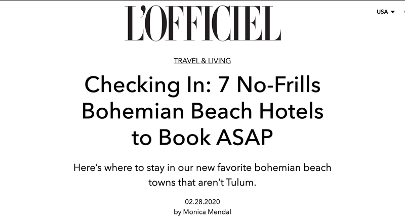 LOfficiel USA Travel and Living article titled Checking In 7 No-Frills Bohemian Beach Hotels to Book ASAP, dated February 28, 2020