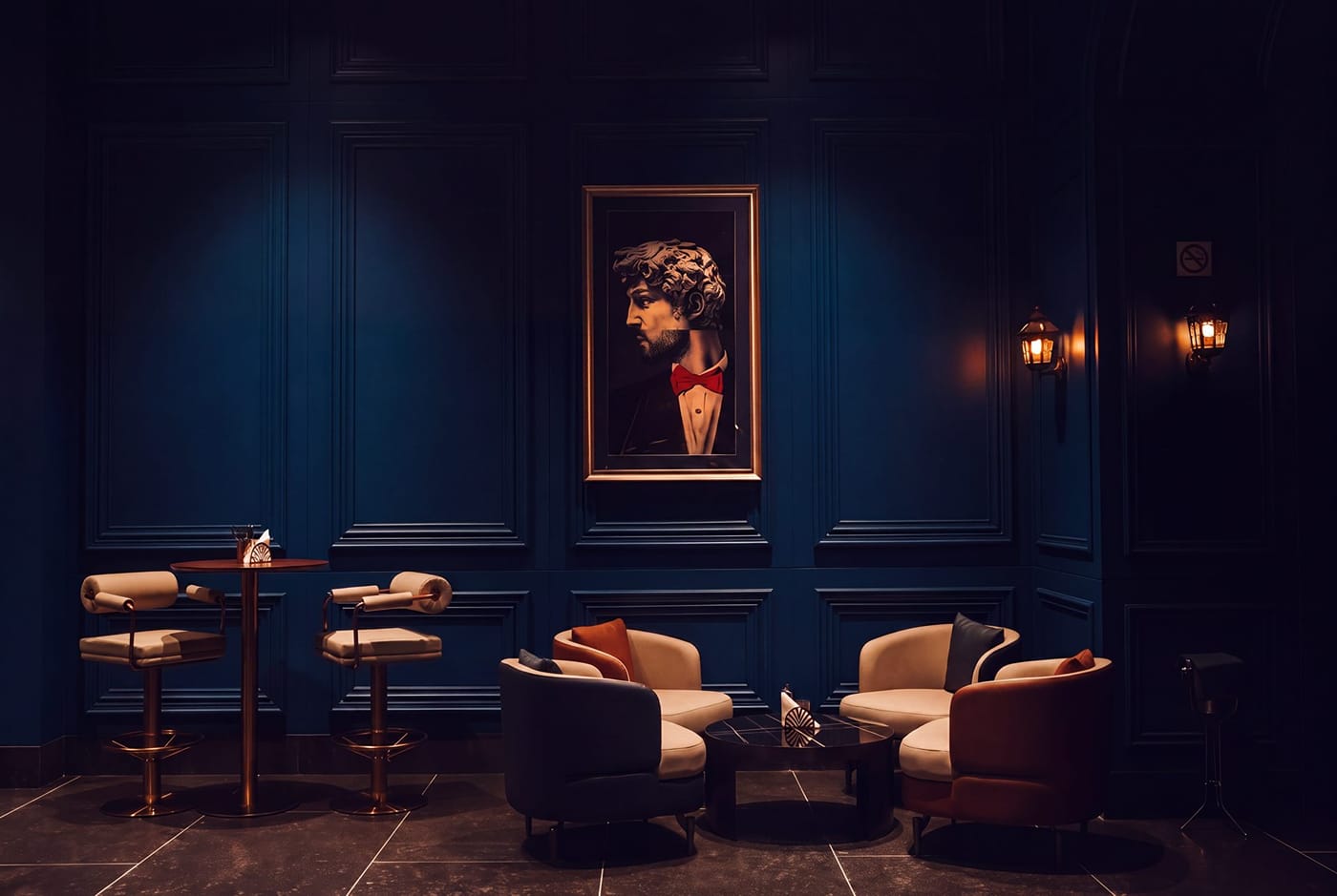 Azul lounge at RG Grand with navy panelled walls and armchairs