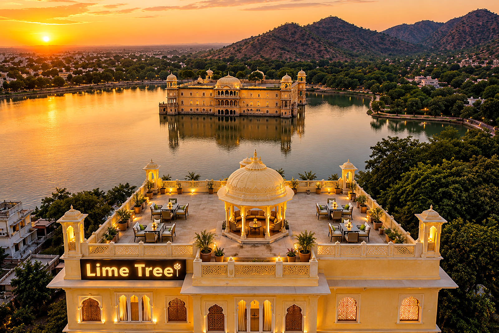 Rooftop terrace of Lime Tree Hotel & Banquet, Jaipur, with Jal Mahal and the hills at sunset
