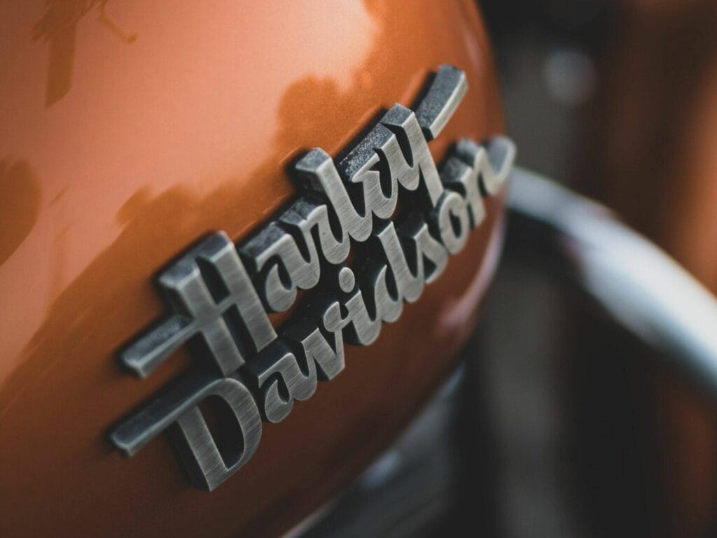 A close-up of a gleaming Harley-Davidson motorcycle.