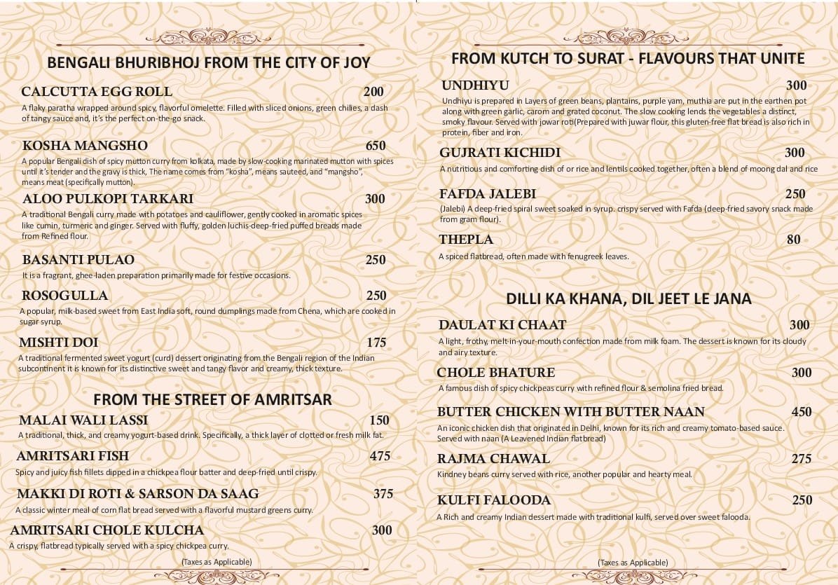Menu card with beige background listing Indian street food dishes.