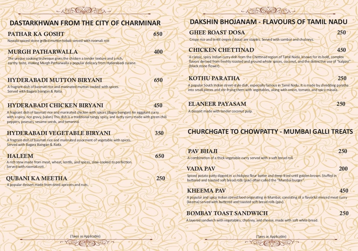 Menu card featuring Indian street food dishes with beige decorative background.