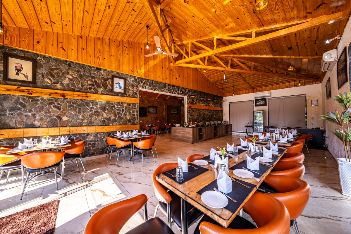 Spring Restaurant dining hall with timber ceiling and buffet