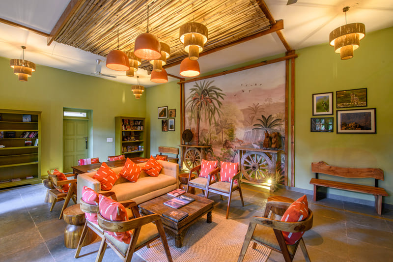 Interior lounge with warm stone walls