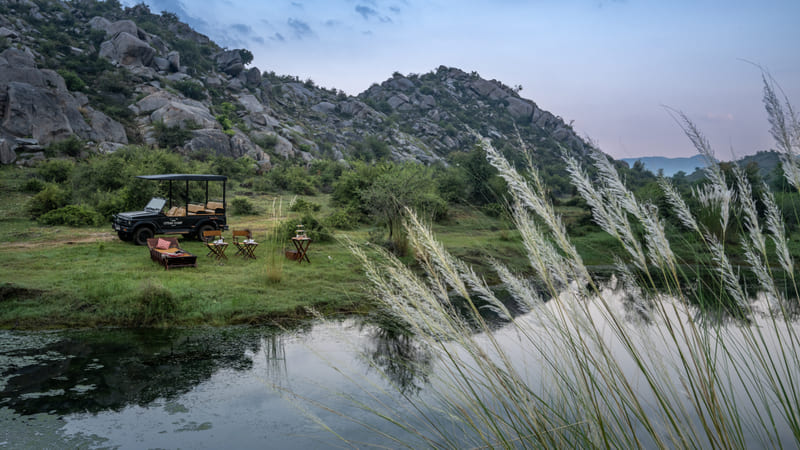 Breakfast set beside a lake with a safari jeep and tall grasses behind