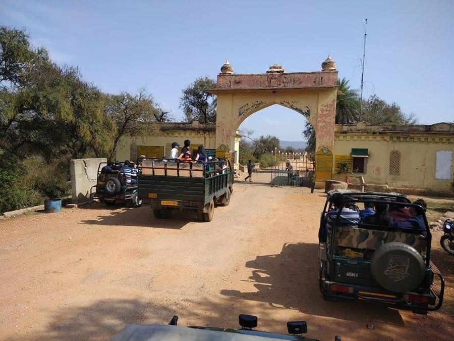 Safari jeeps lined up at the arched Tehla Gate of Sariska Tiger Reserve
