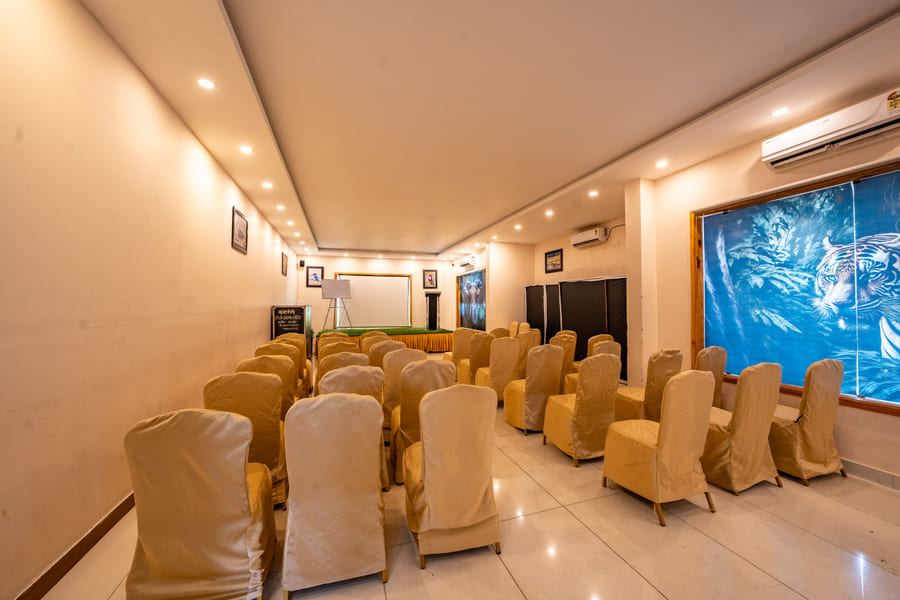Banquet Hall in conference setup with stage and podium