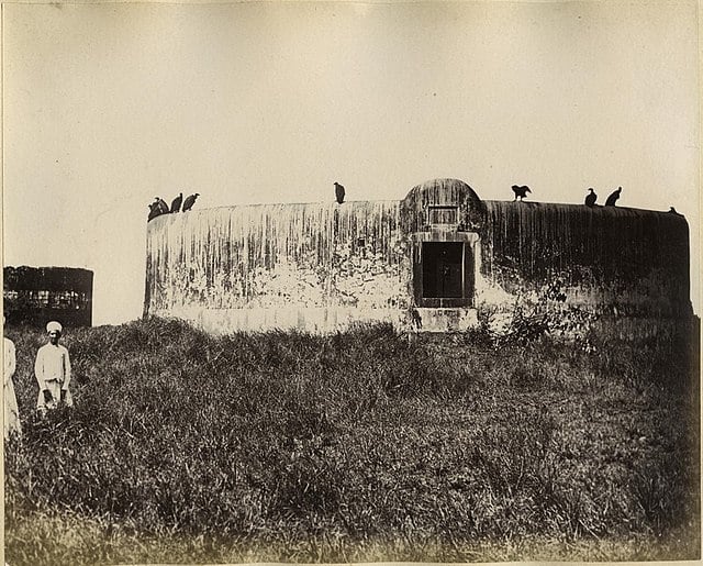 Image of an oold building with a few Vultures resting on it