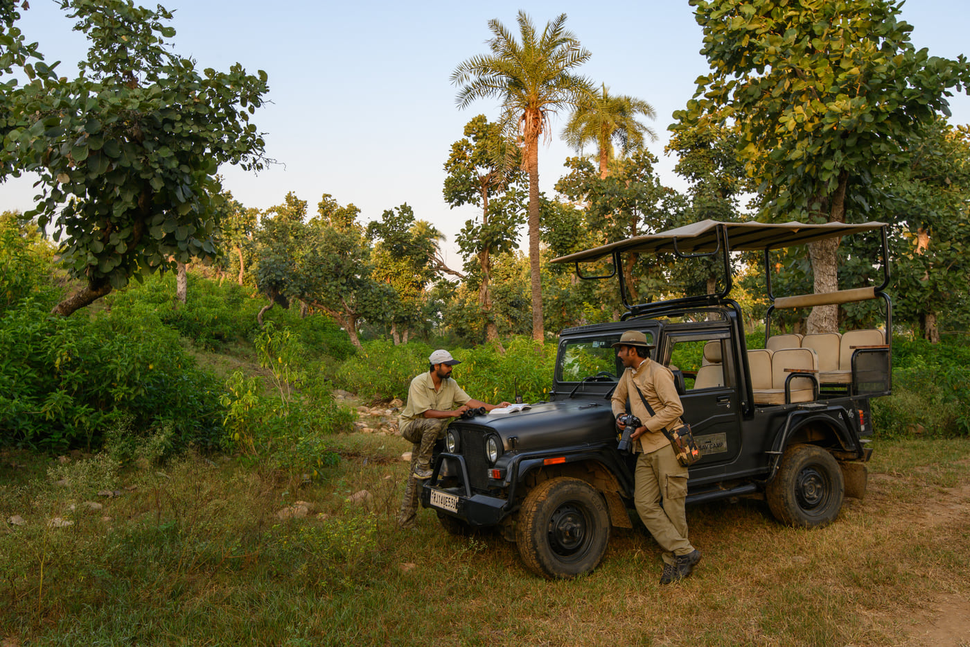 A view of 2 people standing near a jeep parked amidst the jungle at Utsav Camp Sariska.