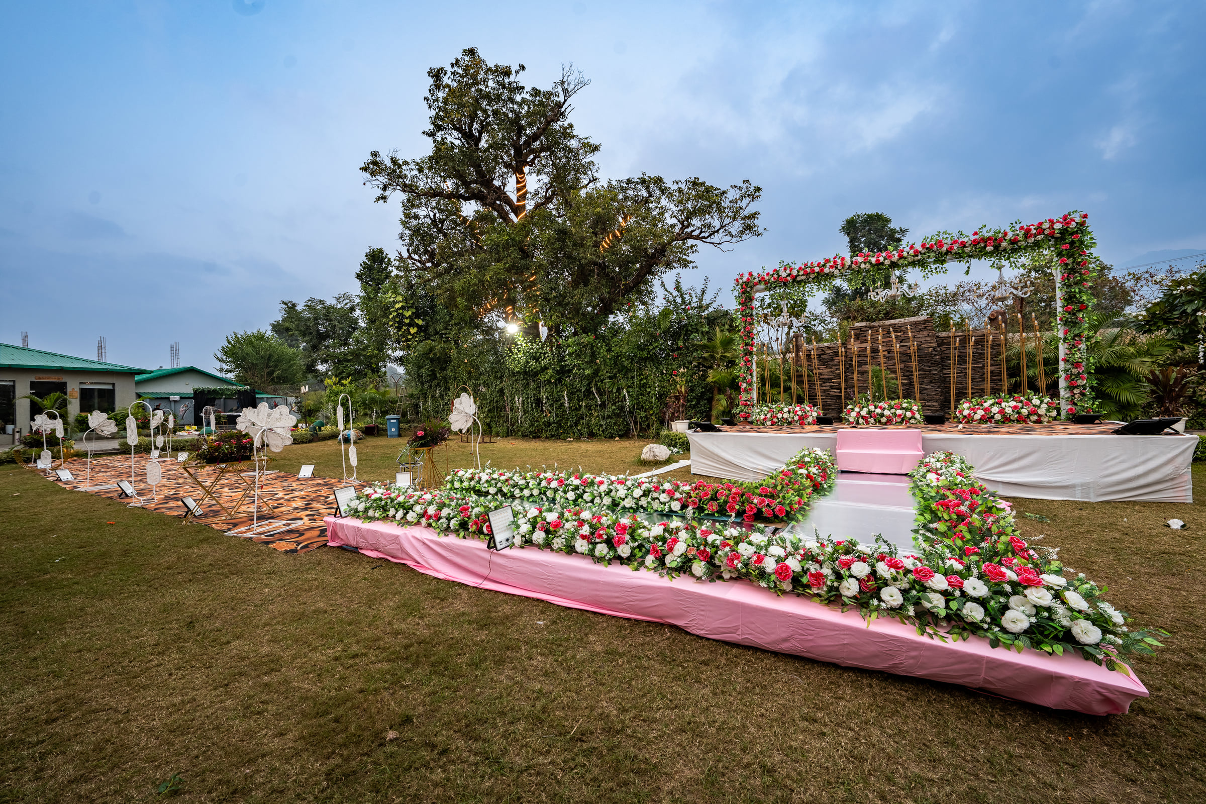 Outdoor wedding setup at Corbett Nirvana Resort