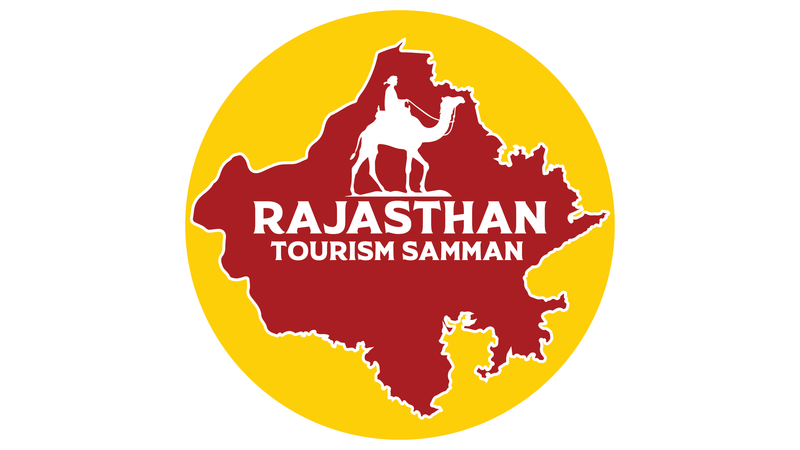 A logo of Rajasthan Tourism Samman. It has a map of Rajasthan and inside it there is a camel silhouette as well.