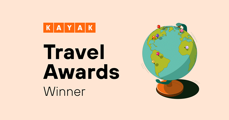 The KAYAK Travel Awards Winner badge with an illustrated globe on a peach background.