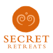 SECRET RETREATS: The name is in a brown-orange font, with an emblem of two interlocking spirals in a circle of the same colour above it