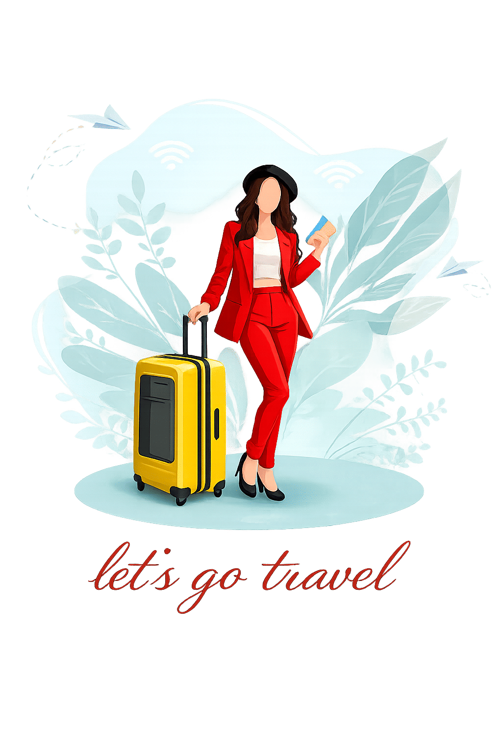 Confident woman traveller with suitcase, let's go travel