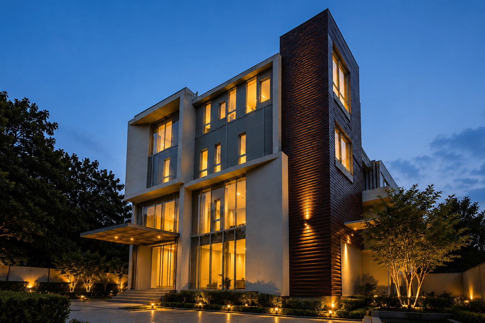 Rossedale Suites & Hotel building lit up at dusk in Peelamedu, Coimbatore