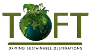 TOFT: The word has a letter O replaced by the Earth. A green leaf sprouts from the globe. The tagline, 'DRIVING SUSTAINABLE DESTINATIONS,' is below.