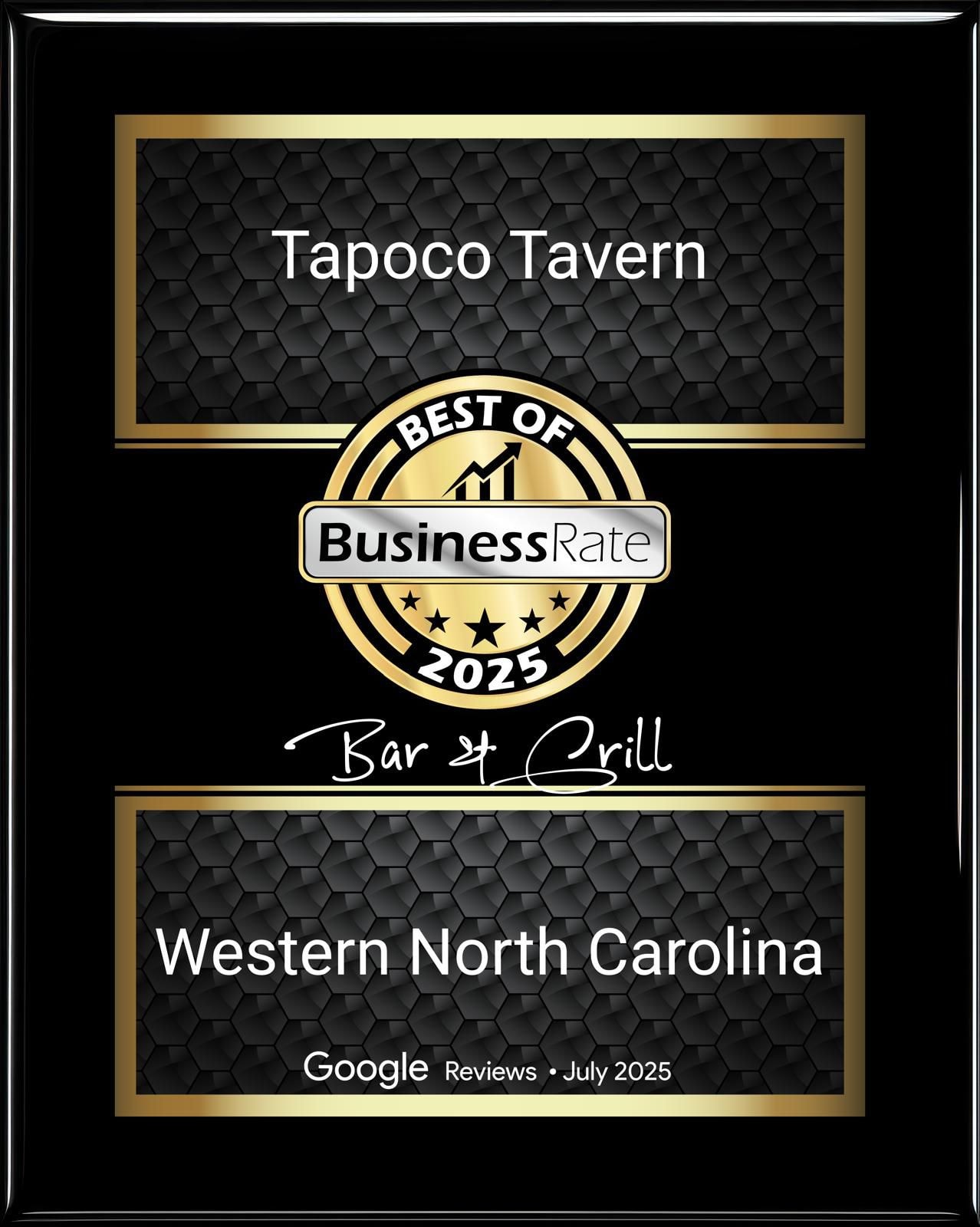 Award creative at Historic Tapoco Lodge highlighting Tapoco Tavern Bar & Grill as Best of BusinessRate 2025 in Western North Carolina.