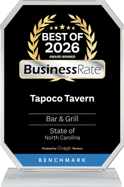 Award plaque reading - Best of 2026 Business Rate Award Winner – Tapoco Tavern, Bar and Grill, State of North Carolina, with gold laurel wreath and silver border on a clear base.