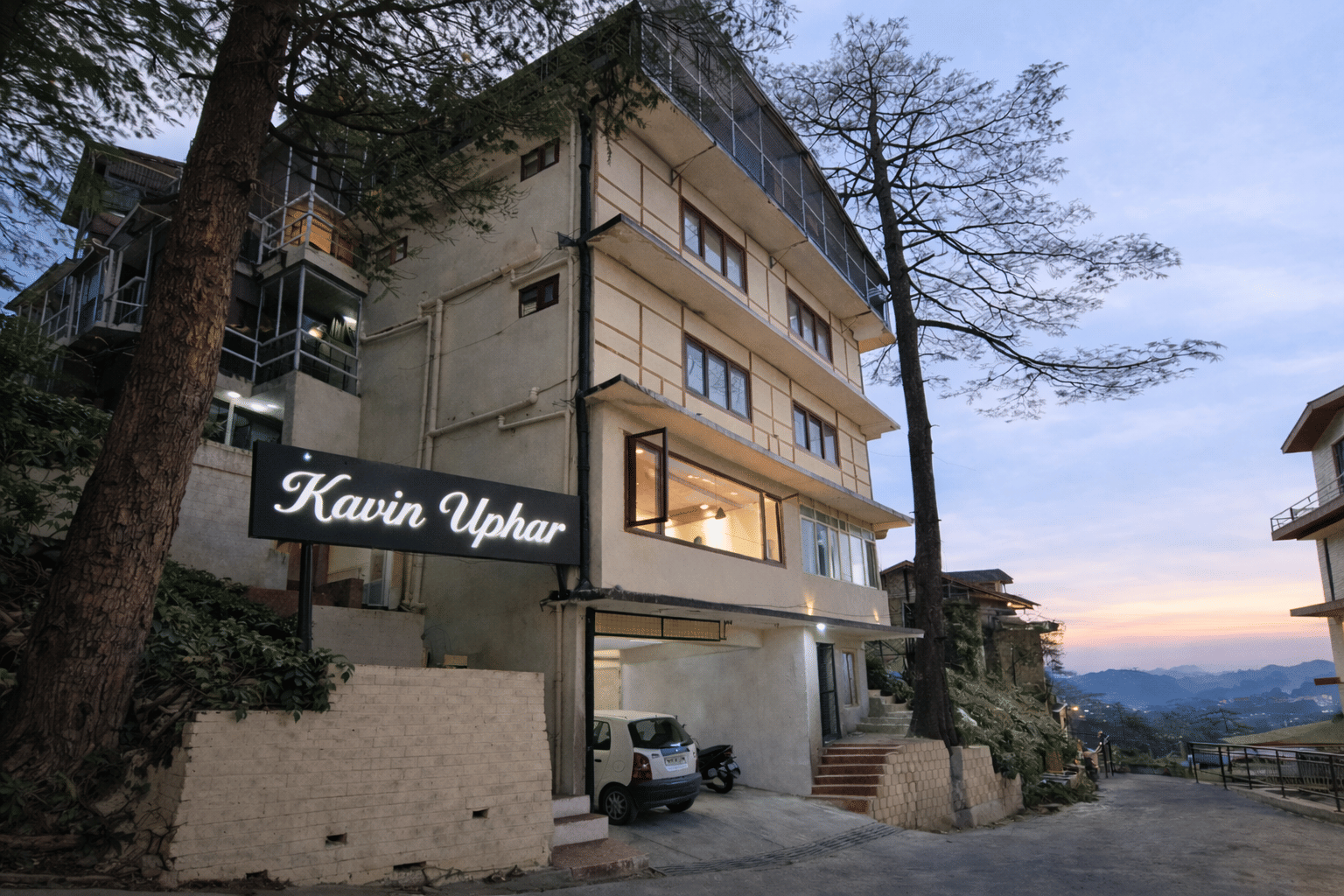 Kavin Uphar facade at dusk, Mall Road, Shimla — 150 metres from Mall Road and The Ridge