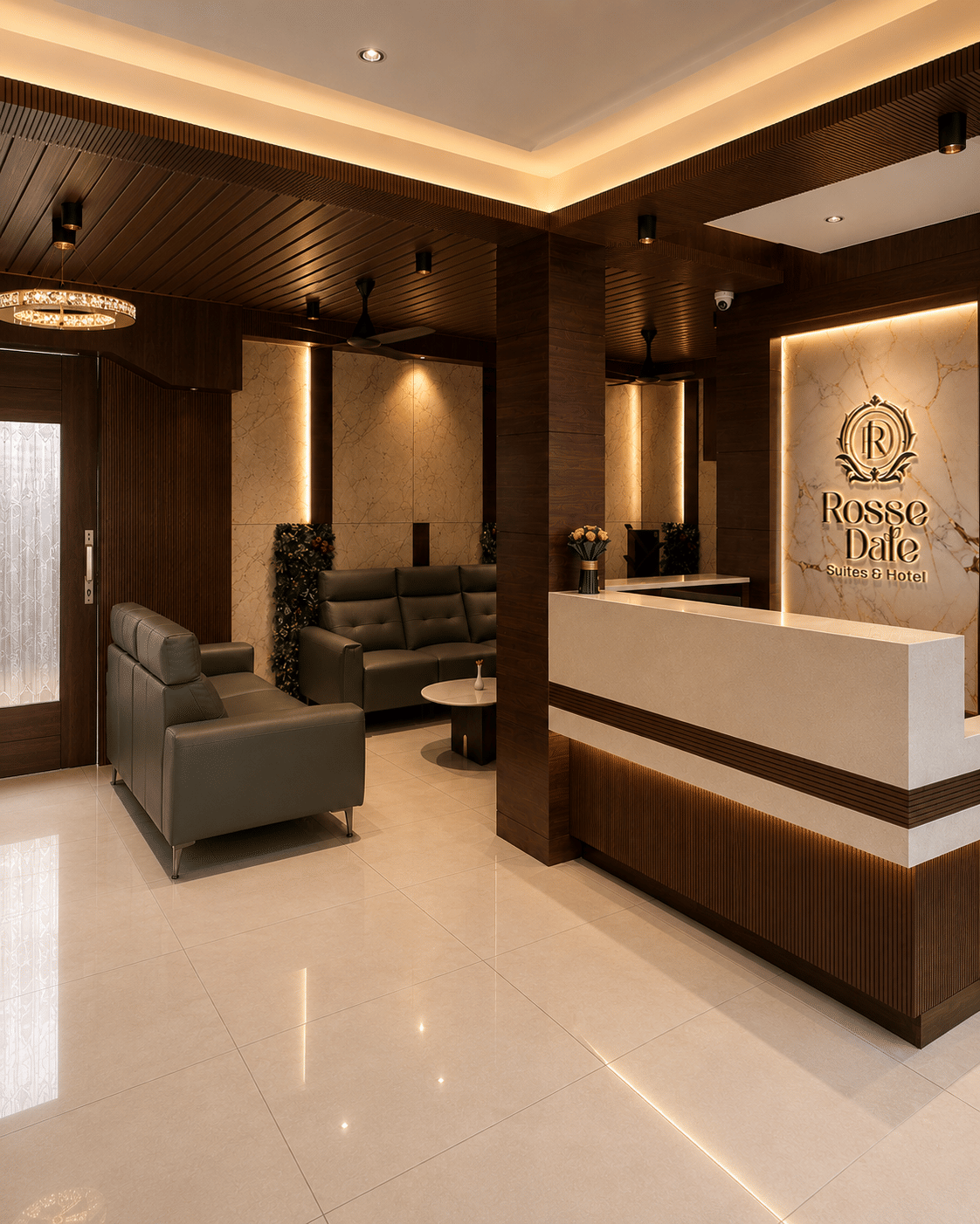 The Rossedale lounge with warm wood, soft seating and a marble floor at Rossedale Suites & Hotel in Peelamedu, Coimbatore