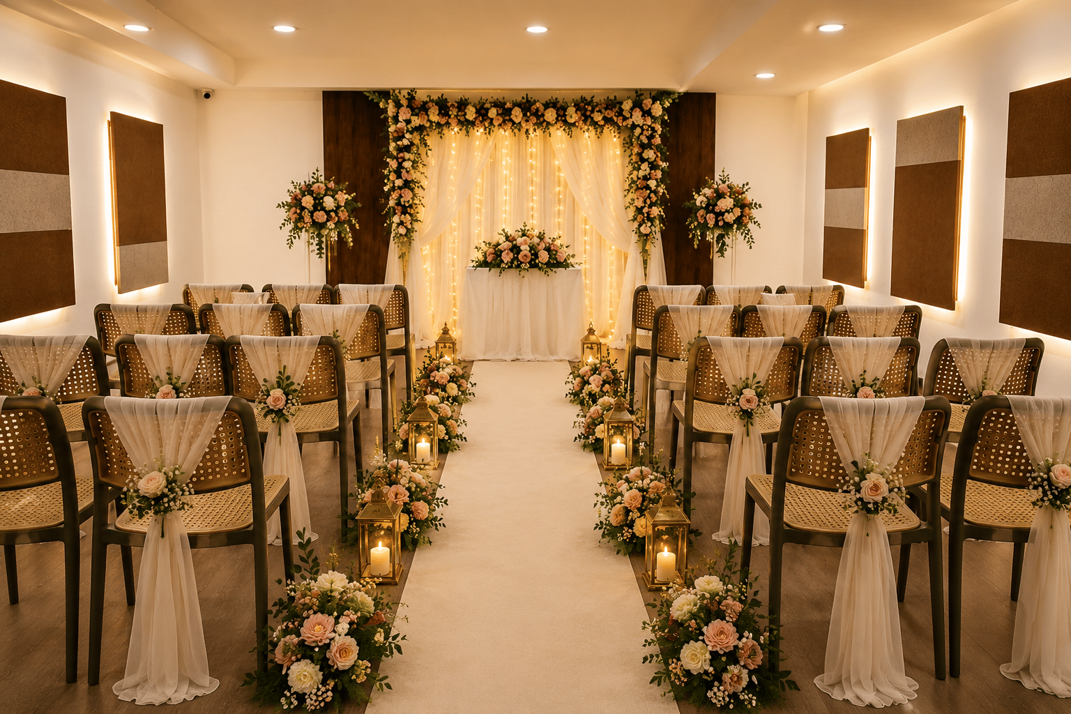 The banquet hall dressed for a wedding with a floral arch, fairy-light backdrop and a candle-lit aisle at Rossedale Suites & Hotel in Peelamedu, Coimbatore