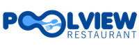Pool View Restaurant logo in blue, featuring a stylised pool shape with a spoon and fork incorporated into the design.