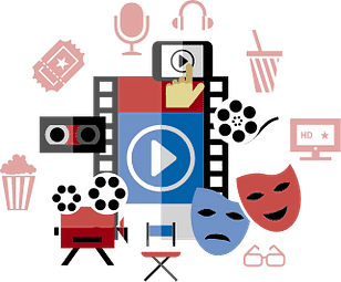 A detailed arrangement of entertainment icons, featuring a camera, film reel, clapperboard, mask, microphone, and director’s chair