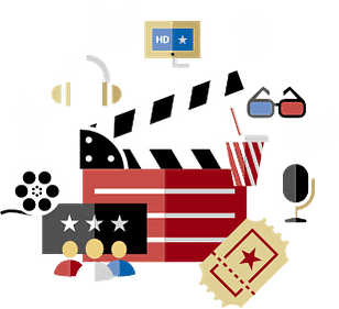 A combination of filmmaking symbols, including a clapperboard, film reel, star emblem, and video icon