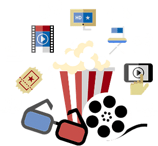 A cluster of cinema-themed elements like 3D glasses, a film reel, a movie ticket, and popcorn