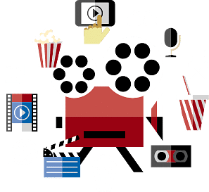 A collage of film-related icons including a camera, film reel, popcorn, and clapperboard