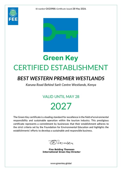 The Green Key Certified Establishment certificate awarded to Best Western Premier Westlands, Kenya, recognising excellence in environmental responsibility and sustainability, with validity until 28 May 2027 and features the Green Key logo.