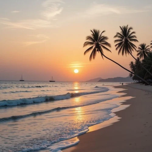 A beach area featuring water touching the shore and the sun setting at the horizon.