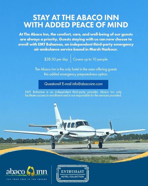 A promotional poster for Abaco Inn featuring an emergency air ambulance service option through EMT Bahamas, with an aircraft pictured on the runway.