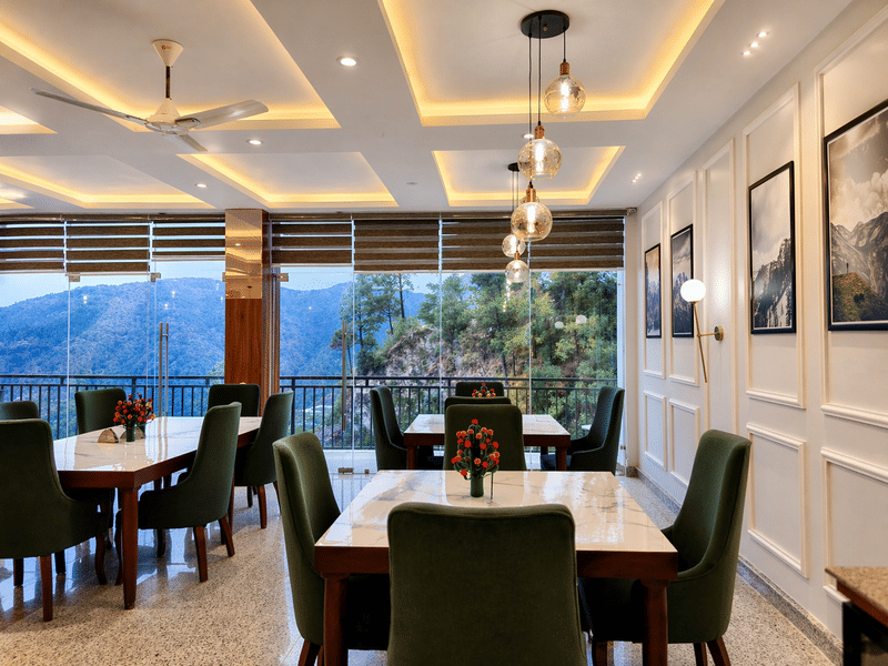 Lobby and dining interior at Kavin The Chail Resort, Chail