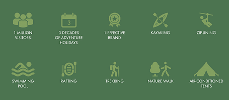 A graphic display of various outdoor activities represented by icons. These include hiking, kayaking, swimming, camping, and others, all organized in a neat green grid.