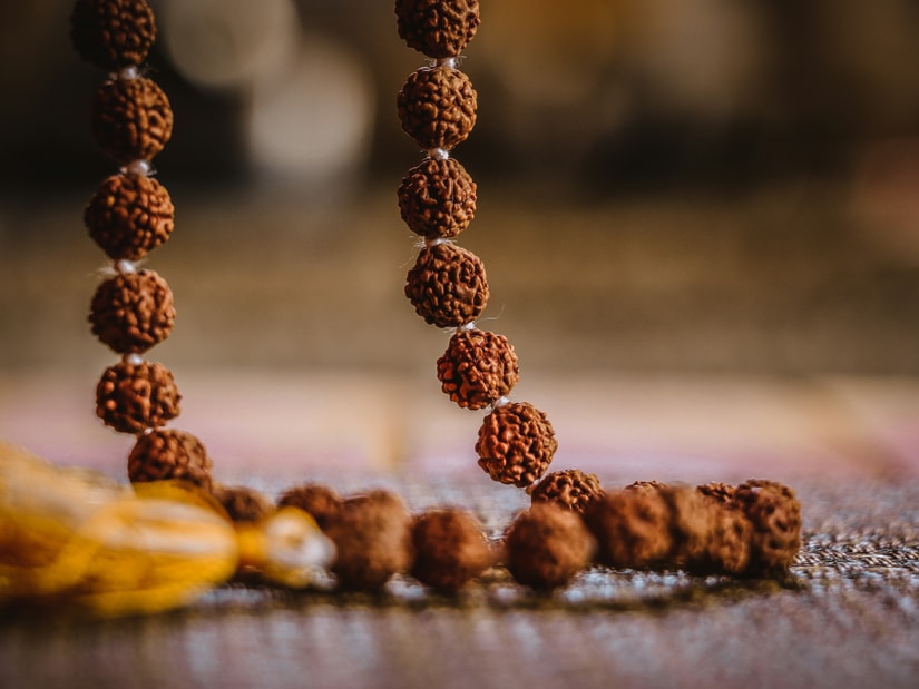 Close-up of two strands of rudraksha mala beads hanging above a small pile of loose rudraksha seeds