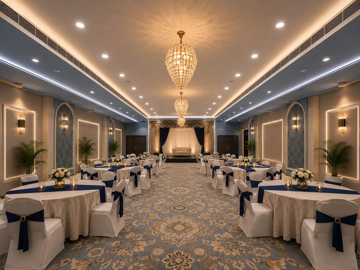 Banquet hall in a blue and gold table setting at Crestline Shubh Vilas, Jaipur