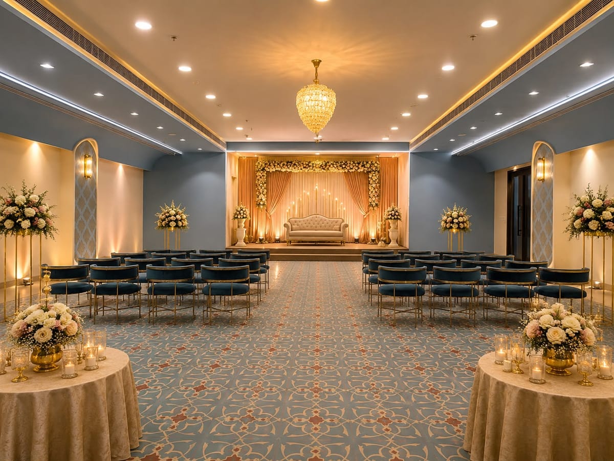 Banquet hall in theatre seating for a ceremony at Crestline Shubh Vilas, Jaipur