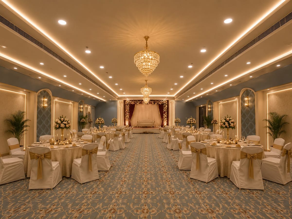 Banquet hall wedding stage with gold decor at Crestline Shubh Vilas, Jaipur