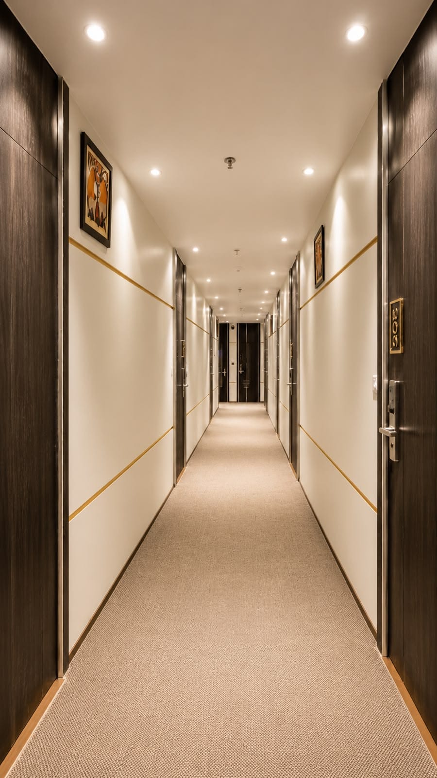 Guest room doors along the corridor at Crestline Shubh Vilas, Jaipur