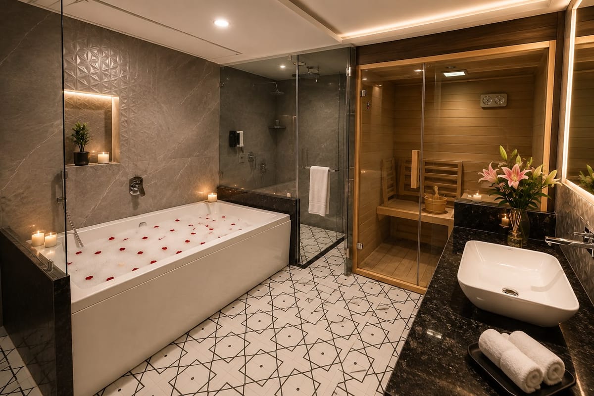 Jacuzzi bathroom with sauna at Crestline Shubh Vilas, Jaipur