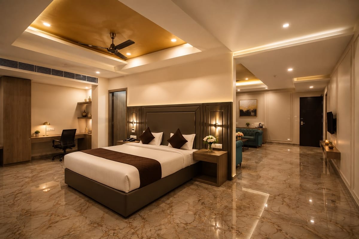 Suite bedroom with work desk and lounge at Crestline Shubh Vilas, Jaipur