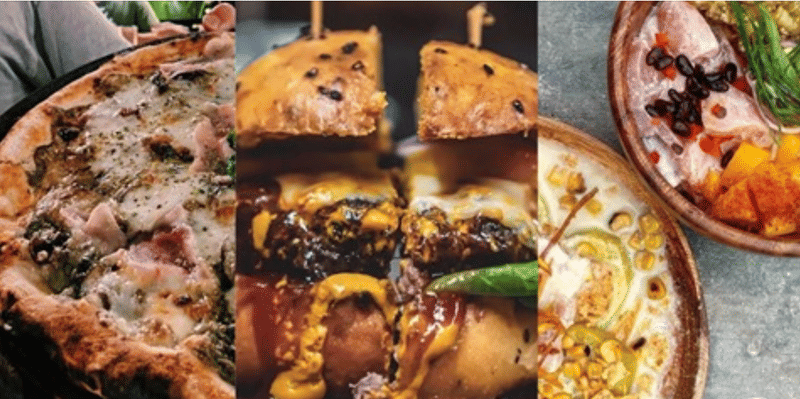 A three-panel collage of a sliced pizza, skewered burger sliders, and ceviche bowls with mango and herbs, from press coverage on Siargao restaurants